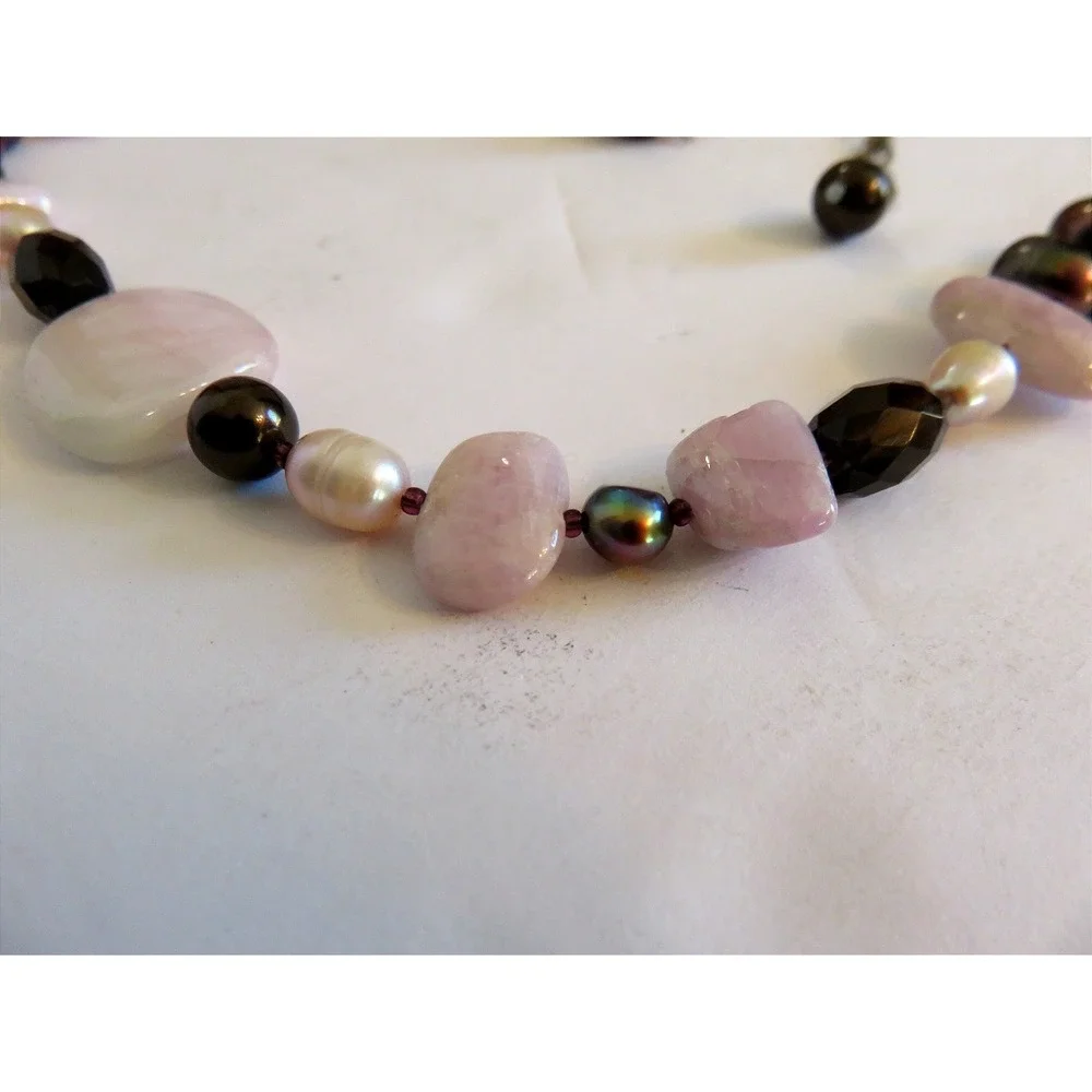 Rose Quartz & Freshwater Pearl Beaded Necklace and Earring Set Pink Brown Silver